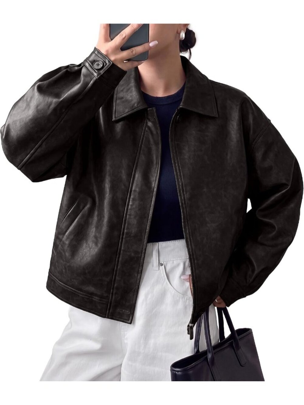 Women's Black Leather Lapel Collar Cuff Sleeve Dropped Shoulders Bomber Jacket